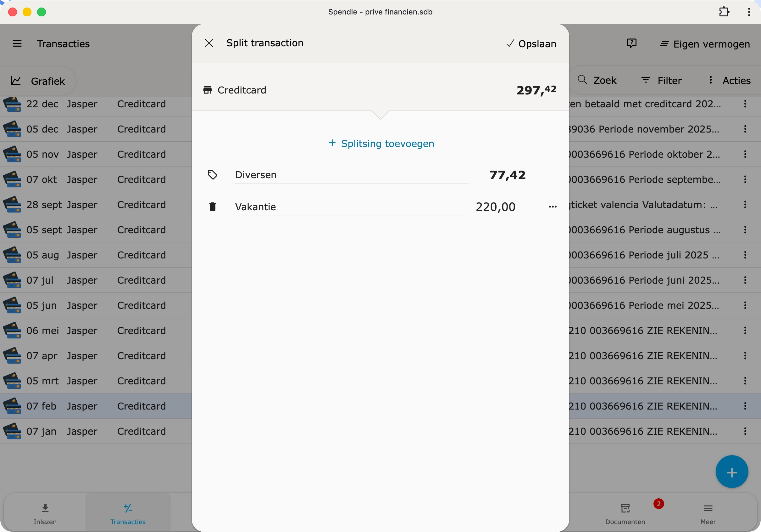 Transacties splitsen over meerdere rubrieken